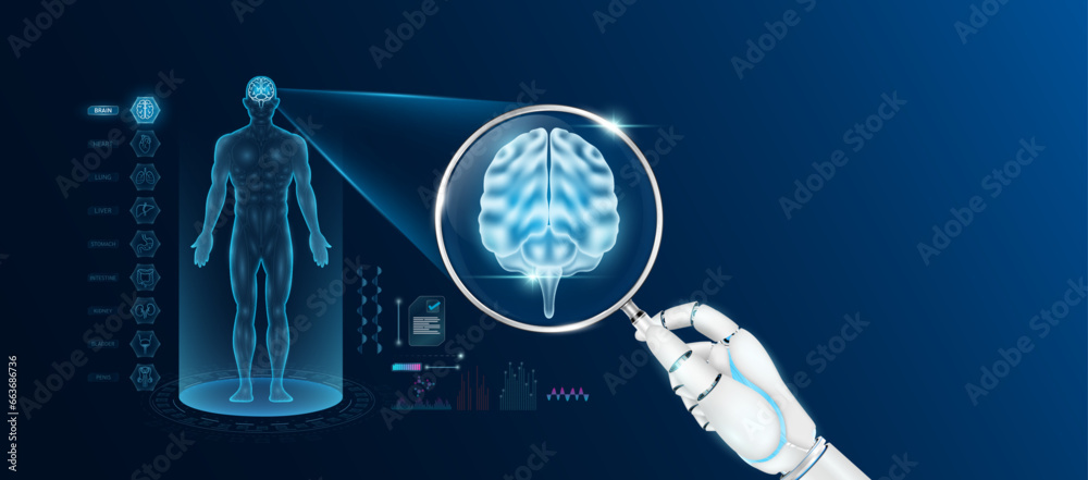 Doctor robot hand holding magnifying glass looking brain analysis ...