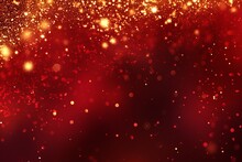 Red Liquid With Tints Of Golden Glitters. Red Background With A Scattering Of Gold Sparkles. Magic Galaxy Of Golden Dust Particles In Red Fluid With Burgundy Tints.