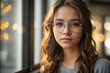 © William Harding - Beautiful Young Lady with Long Brown Hair Wearing Glasses and a Soft Gray Sweater Generative AI