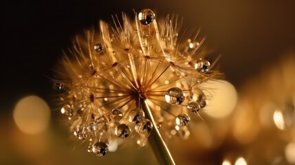 Poster - Golden dandelion with drops of dew in a gold color theme,beautiful wallpaper background about dandelion and dew