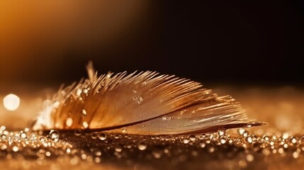 Poster - Drops of water dew on a fluffy golden feather in the light blurred bokeh background