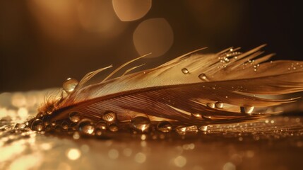 Poster - Drops of water dew on a fluffy golden feather in the light blurred bokeh background