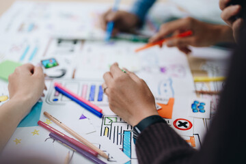 Wall Mural - Team of Creative Web, Graphic Designer planning for mobile phone, drawing website ux ui app for mobile phone application and development template layout, process to developing prototype wireframe.