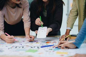 Wall Mural - Team of Creative Web, Graphic Designer planning for mobile phone, drawing website ux ui app for mobile phone application and development template layout, process to developing prototype wireframe.
