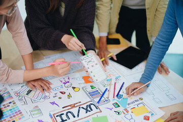 Wall Mural - Team of Creative Web, Graphic Designer planning for mobile phone, drawing website ux ui app for mobile phone application and development template layout, process to developing prototype wireframe.