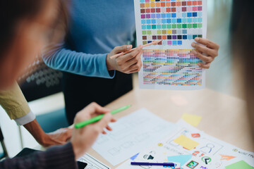 Wall Mural - Team of Creative Web, Graphic Designer planning, drawing website ux ui app for mobile phone application and development template layout, process to developing prototype wireframe.