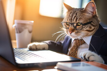 Cute Tabby Cat In Formal Suit Look Like A Busy CEO Businessman Working With Laptop Computer, Cat Or Introvert People At Work Concept For Humorous Advertisements.