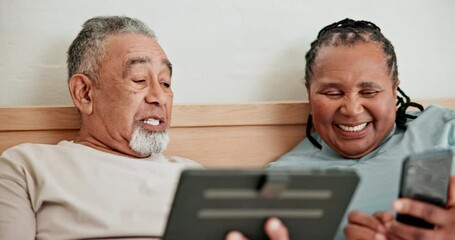 Poster - Happy senior couple, phone and tablet in a bed for social media, bonding and sharing funny meme at home. Love, relax and old people in a bedroom with digital, smartphone or app for streaming online