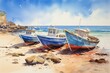 Vibrant watercolor depicting three fishing boats resting on a sandy seashore. Generative AI