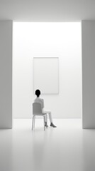 Aufkleber - Woman sitting on a chair in front of a white wall with a white picture, simple and calm concept