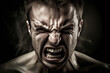 Dark portrait of angry caucasian man, screaming in rage. Expressing anger of an adult in the throes of furious aggression. Negative emotions: man shouts in pain. Powerful scream.