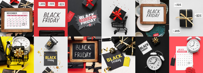 Sticker - Collage for Black Friday sale on color background