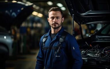 Poster - man examining car engine. Auto mechanic working in garage.Car Mechanic Detailed Vehicle Inspection. Auto Service Center Theme