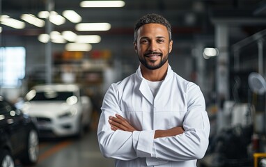 Poster - man examining car engine. Auto mechanic working in garage.Car Mechanic Detailed Vehicle Inspection. Auto Service Center Theme