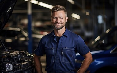 man examining car engine. Auto mechanic working in garage.Car Mechanic Detailed Vehicle Inspection. Auto Service Center Theme