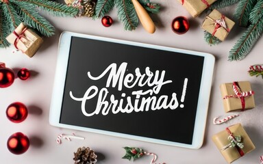 Merry Christmas typography greeting on tablet, Xmas themed decoration, Christmas card banner festive design, Christmas music carol, 2023 holiday greeting celebration illustration