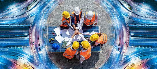 Top view of engineers team, male and female put hands on top over blueprint, solar photovoltaic equipment, road and wind turbine business important infrastructure on solar panel at construction site.