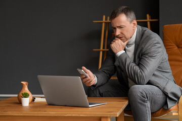 Poster - Mature businessman with mobile phone and laptop working in office