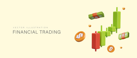 Financial trading. Interval chart in form of Japanese candles. 3D coins, banknotes, technical indicator. Horizontal concept for web design. Advertising for traders