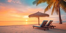 Beach At Sunset With Beach Chairs And Umbrellas, Wallpapers, Posters, For Relaxing