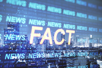 Aufkleber - Creative hi-tech news hologram on blurry city background with bright 'fact' word. Television, factual news and digital communication concept. Double exposure.