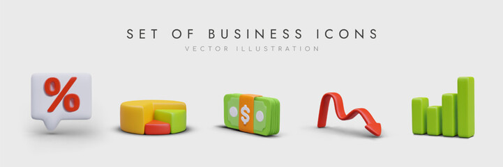 Fototapete - Set of different business icons in realistic style. Collection with diagrams in different styles, arrow, banknotes and icon with percent. Vector illustration in 3d style
