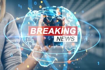 Poster - Close up of hand holding cellphone with creative breaking news and globe hologram on blurry office interior backdrop. Television, online news and digital communication concept. Double exposure.