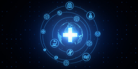 Sticker - Creative glowing blue medical hologram with cross and globe on dark background. Science, healthcare system and futuristic pharmacy concept. 3D Rendering.