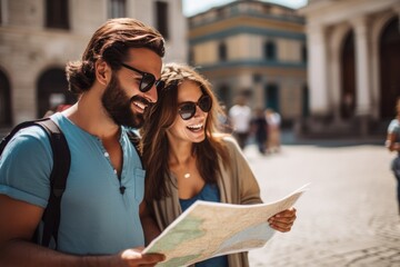 Joyful 30 - year - old aged couple, a man and woman looking for direction in the city, they are holding a map. Fun, friends, travel and tourism concept.