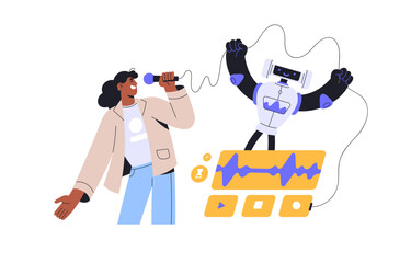 Fototapete - Neural networks concept. AI robot help to record sound. Woman sing with microphone using voice editor. Smart machine technology, artificial intelligence. Flat isolated vector illustration on white