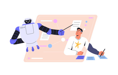 Fototapete - Neural networks concept. Machine learning. Artificial intelligence teacher explain data. AI robot help man to study information. Education using technology. Flat isolated vector illustration on white