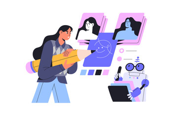 Fototapete - Machine learning, neural networks concept. Illustrator drawing digital portrait using AI. Robot help artist study to create art work. Modern technology. Flat isolated vector illustration on white