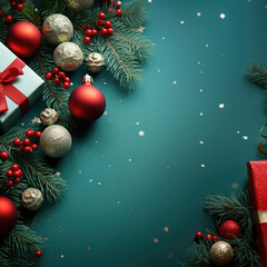 christmas background with gift box red and golden balls fir branches and red berries generative ai i