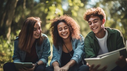 Happy group of teenagers spending time together in a group outdoors. Created with Generative Ai technology.