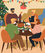 Happy family characters having festive dinner celebrating Christmas