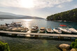 Motorboats at the jetty in picturesque bay (Osor) on the island of Losinj in the Adriatic Sea, Croatia