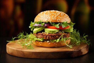 Wall Mural - The Veggie Delight: Experience the Fusion of Fresh and Healthy Ingredients in a Gourmet Veggie Burger with Creamy Avocado and Crunchy Sprouts, a Culinary Feast Awaits.




