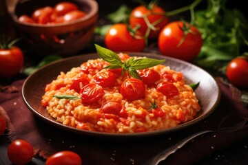 Canvas Print - An Italian Classic: Risotto al Pomodoro Featuring Creamy Arborio Rice and Roasted Cherry Tomatoes, A Savory Homemade Dinner.

