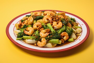 Wall Mural - Shrimp Chop Suey: A Culinary Adventure of Fresh Ingredients and Traditional Flavors, Gently Stir-Fried to Perfection, Set against a Bright Yellow Background.




