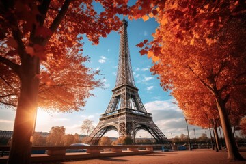 Canvas Print - Eiffel Tower in Paris, France. Beautiful view of the Eiffel Tower during autumn season, Eiffel Tower with autumn leaves in Paris, France, AI Generated