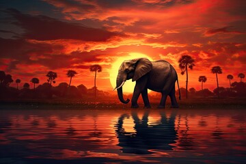 Sticker - Elephant in the water at sunset, 3d render illustration, elephant and sunset, AI Generated