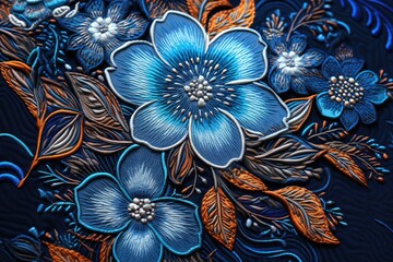 Wall Mural - floral pattern on the fabric as a background, close-up, Embroidery floral abstract fantasy design luxury denim blue jeans, AI Generated