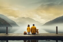 Man And Woman Sitting On A Wooden Pier And Looking At A Lake In The Mountains, Family With A Small Yellow Dog Resting On A Pier And Looking At Lake And Foggy Mountains, AI Generated
