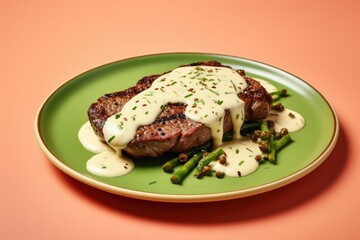 Wall Mural - A Freshly Cooked Ribeye Pepper Steak with Creamy Peppercorn Sauce and Aromatic Herbs - A Tasty Meal Experience. Pastel Background with copy space
