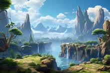 Fantasy Landscape With A Waterfall And Mountains. 3D Rendering, Fantasy Landscape Game Ar, AI Generated