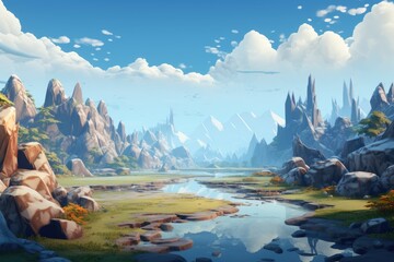 Wall Mural - Fantasy landscape with mountains and lake. 3d render illustration, Fantasy Landscape Game Ar, AI Generated