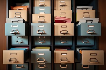Poster - Office file cabinet with folders and documents. 3d render illustration, Filing Cabinet with Files, AI Generated