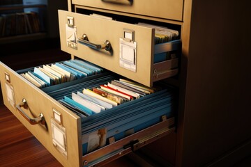 Poster - File cabinet with documents and folders in it. Selective focus, Filing Cabinet with Files, AI Generated