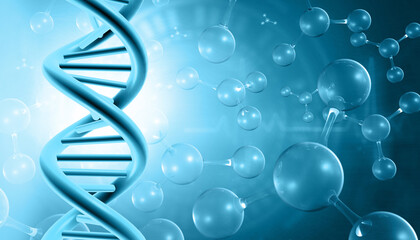 Sticker - DNA strand on molecules background. 3d illustration..