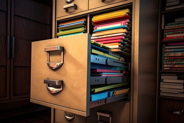 Poster - Open filing cabinet with documents and folders in it. 3d rendering, Filing Cabinet with Files, AI Generated
